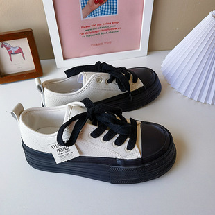 厚底皮面小白鞋女2023秋季新款ins潮百搭休闲板鞋学生复古帆布鞋