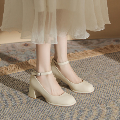 金罡CG6032浅口杏色玛丽珍鞋2023新款春秋季单鞋女粗跟法式高跟鞋