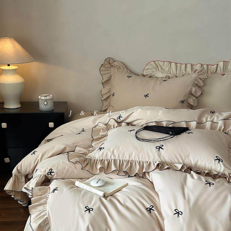 Girlish|法式秋冬磨毛纯棉四件套少女蝴蝶结刺绣贡缎全棉床上用品