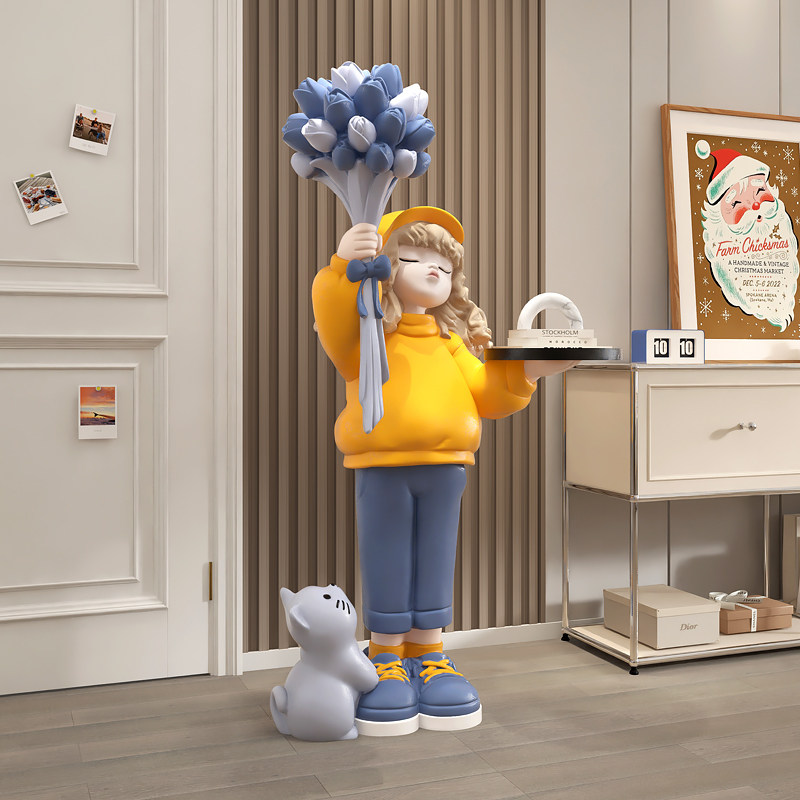 奶油风女孩大型摆件客厅电视柜沙发旁落地托盘装饰品生日乔迁礼物