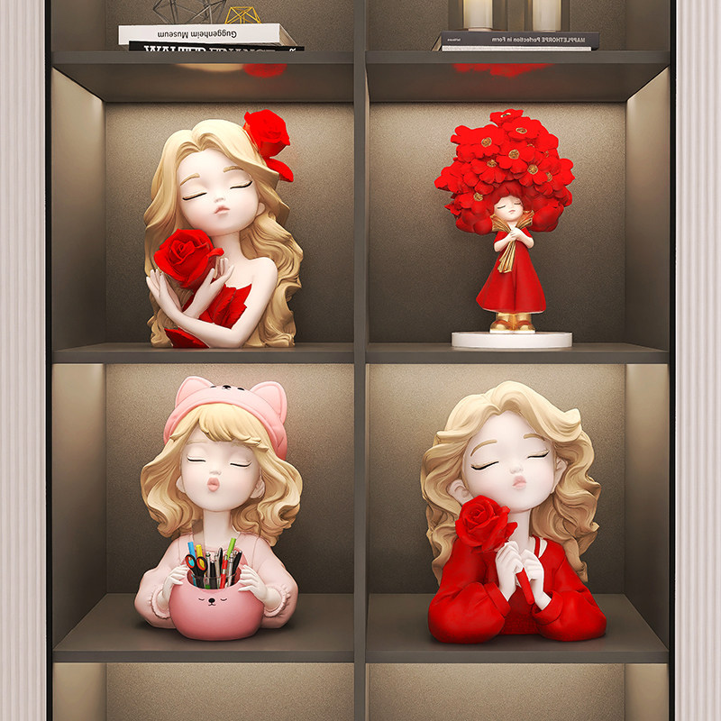 红色女孩卡通灯客厅摆件乔迁结婚礼物玄关酒柜组合新年过年装饰