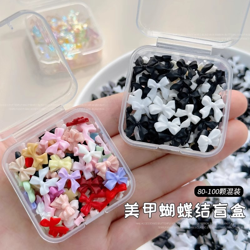 黑白蝴蝶结美甲饰品混装立体飘带彩色极光领结穿戴指甲树脂钻配件