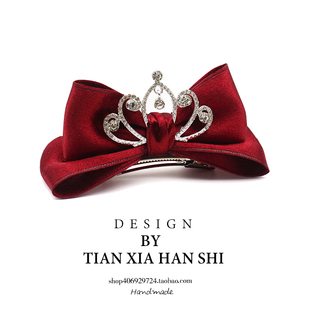儿童缎面立体蝴蝶结皇冠发夹红色公主顶夹女孩高品质马尾发卡头饰