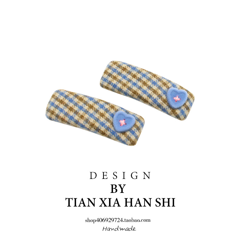 女童芥末绿复古格子长方碎发夹儿童可爱边夹卡碎发爱心纽扣头饰潮