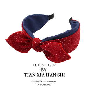 儿童宽边波点牛仔撞色复古红色港风头箍小女孩公主卡碎发头箍经典