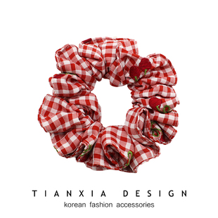 韩国儿童红色樱桃刺绣格子布艺大肠圈女孩扎发橡皮筋不伤发头饰新