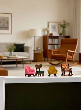 小红书同款4把迷你小沙发摆件暖黄沙发木摇椅子治愈情绪解压工位