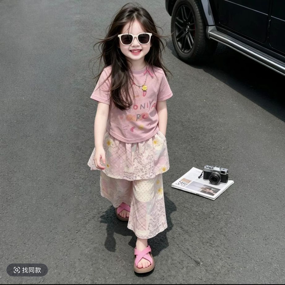 女童夏季套装2026新款韩系女孩洋气粉色卡通儿童屁帘裤薄款两件套图片