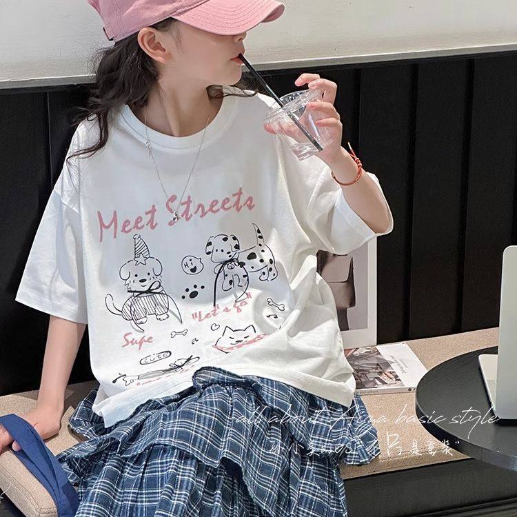 女童2026新款短袖夏装洋气中大童纯棉卡通小狗上衣夏季女孩T恤潮