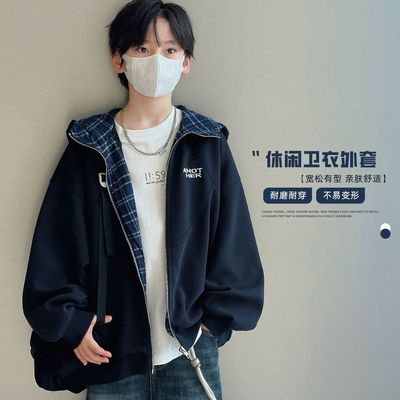 男童秋冬外套2025新款儿童加绒加绒连帽卫衣潮中大童休闲春秋开衫