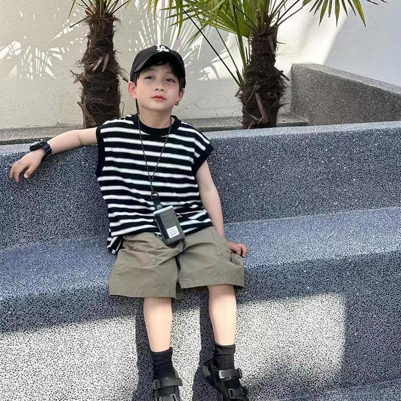 儿童夏季套装男童条纹T恤无袖背心2025新款男孩夏装宽松两件套潮