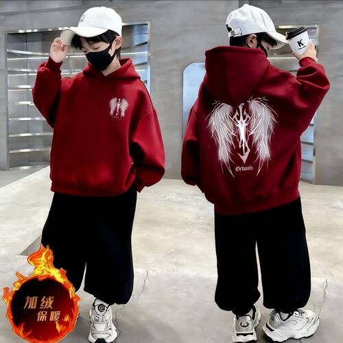 男童加绒连帽卫衣套装红色新年服中大童秋冬款保暖运动加绒两件套
