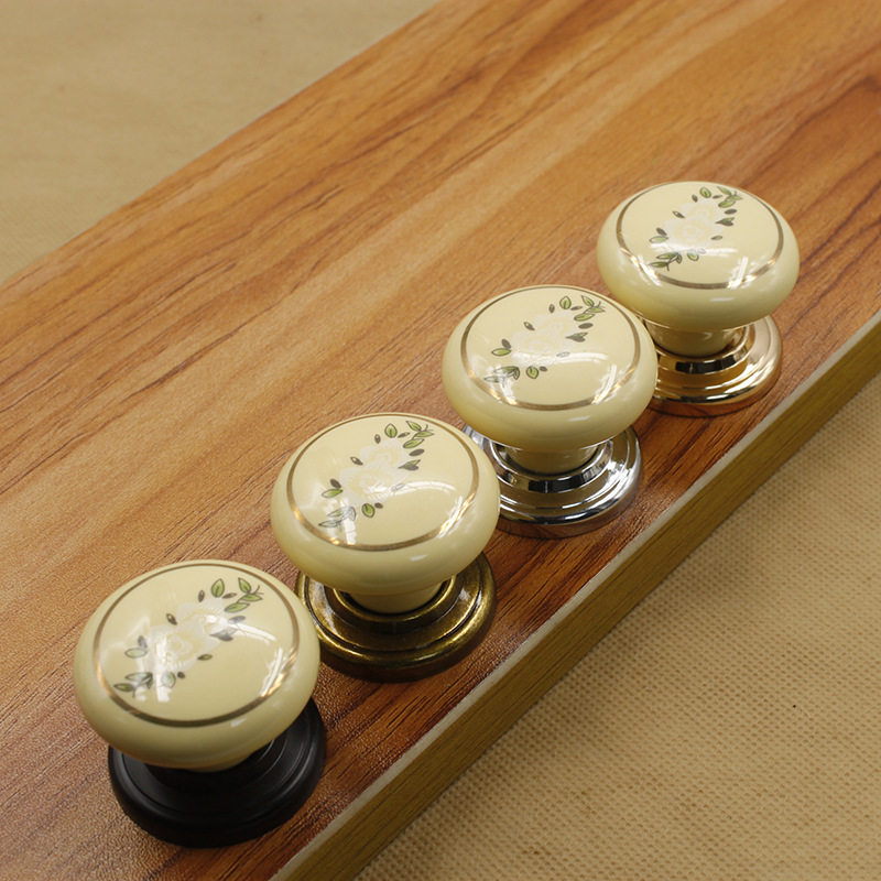 日本进口陶瓷拉手单孔金色白色裂纹玫瑰花欧式黑白中式复古抽屉