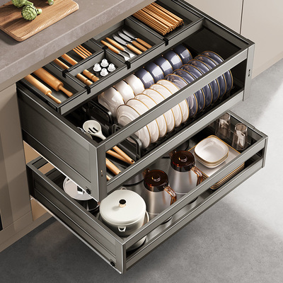 拉篮厨房橱柜抽中抽屉式三层调料太空铝合金厨柜内置物碗碟架碗篮