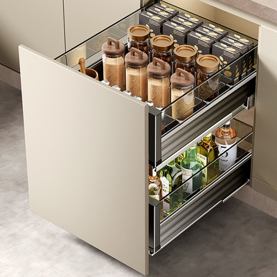 尔沫枪灰调味拉篮厨房橱柜铝合金双层抽屉式厨柜收纳调料碗篮碗架