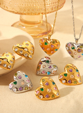 欧美跨境INS复古18k镀金不锈钢彩色白色锆石桃心项链耳环饰品
