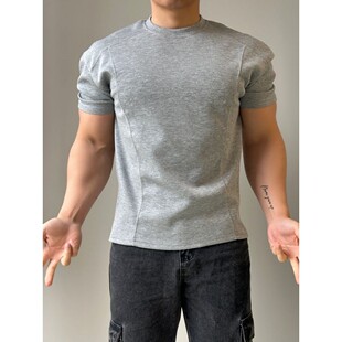 春夏健身运动短袖 重磅拼接运动抗皱弹衣服显型休闲跑步训练T恤