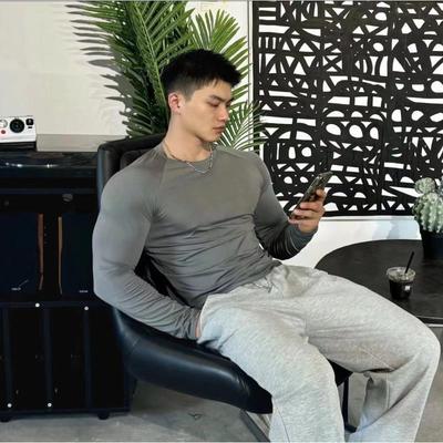 秋冬修身弹力健身长袖男运动跑步训练速干纯色T恤圆领透气快干