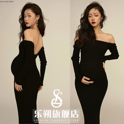 Black sexy knitted dress for pregnant for photo sessions
