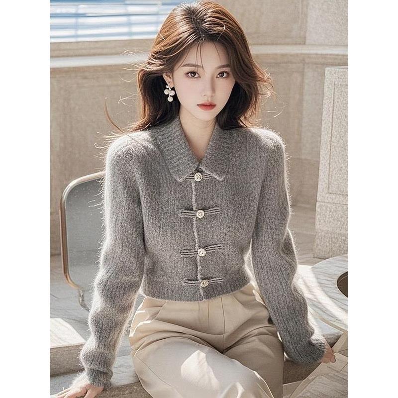 JOYIASS针织上衣女装秋季2025新款外贸原单新中式国风灰色内搭打