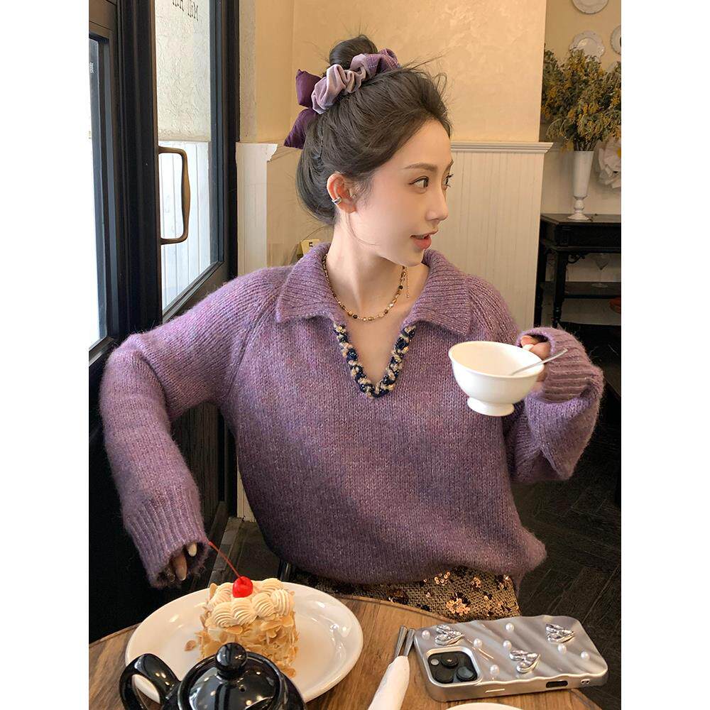 JOYIASS韩系紫色小香风v领毛衣女装秋季2025新款外贸原单多巴胺针