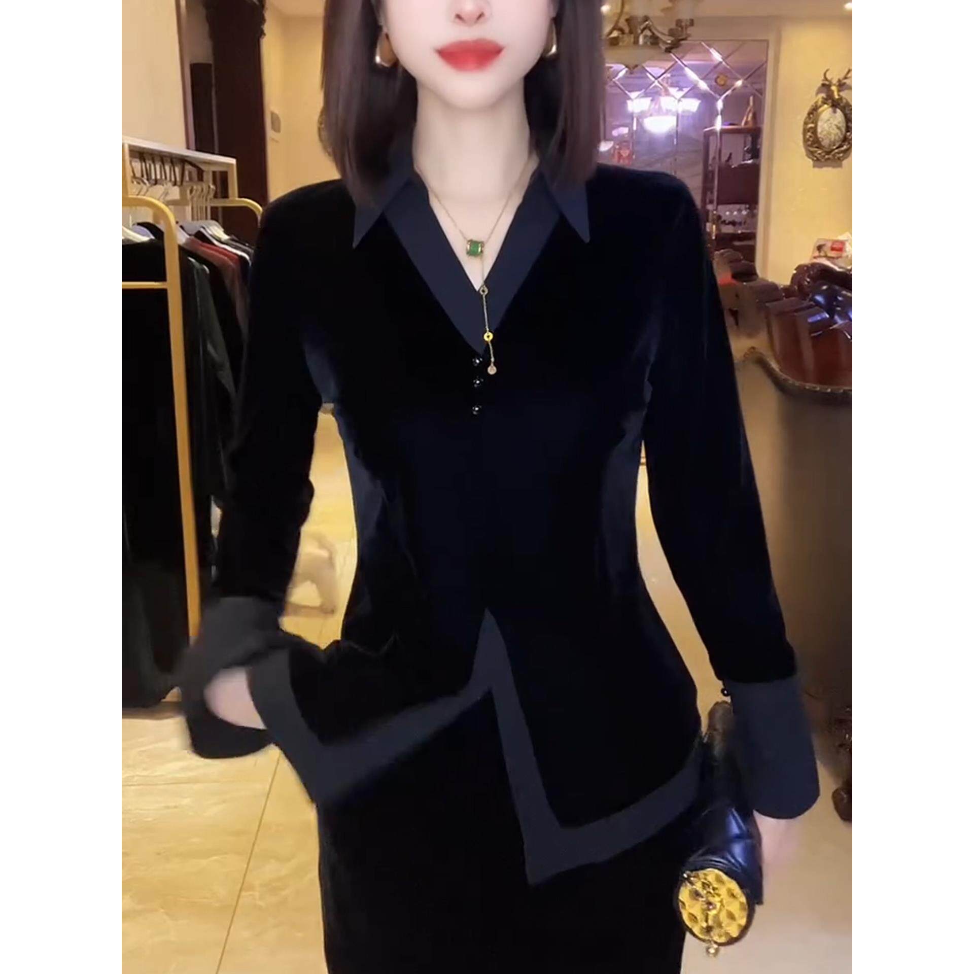 JOYIASS翻领长袖衬衫女装秋冬季2025新款外贸原单法式收腰丝绒高