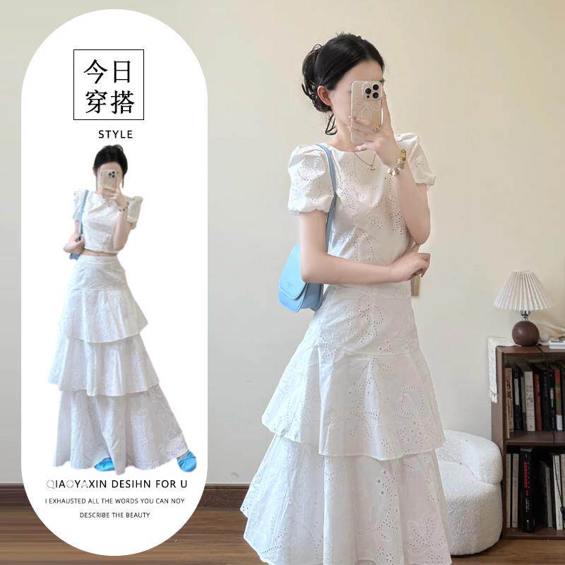 RIERA绝美套装白色泡泡袖t衬衫上衣女装夏季蛋糕裙半身裙度假穿搭