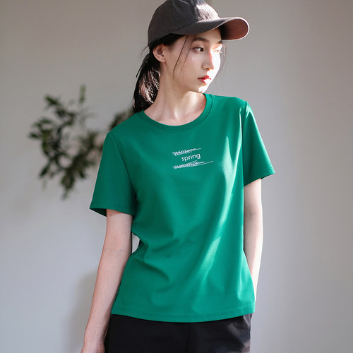 那禾新品纯色圆领字母印花休闲短袖T恤女NW41TY0609