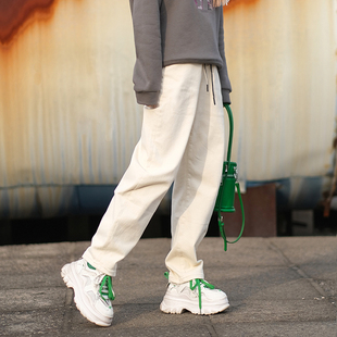 女ND34KZ5937 牛仔裤 那禾秋冬加绒加厚抽绳收腰白裤 香蕉裤