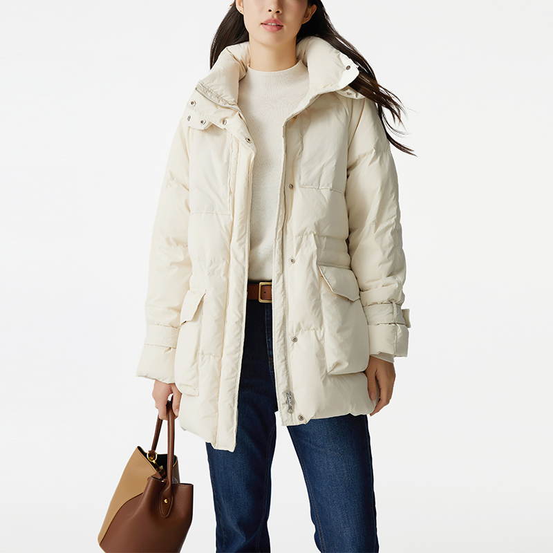 那禾新品白鸭绒收腰可拆卸帽中长款羽绒服女休闲外套NW44RR0273