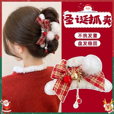 蝴蝶结头饰圣诞礼物毛绒发夹女后脑勺鲨鱼夹秋冬大号抓夹红色发卡