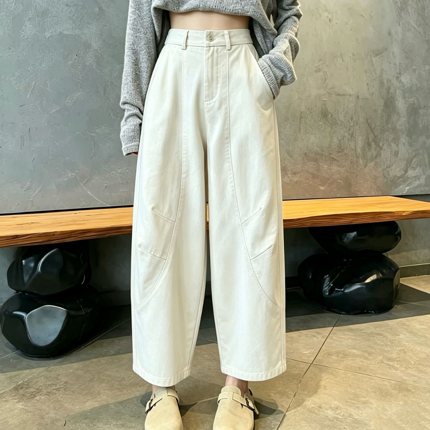 早秋新款水洗棉阔腿休闲裤女宽松显瘦大码百搭洋气纯棉弯刀九分裤图片