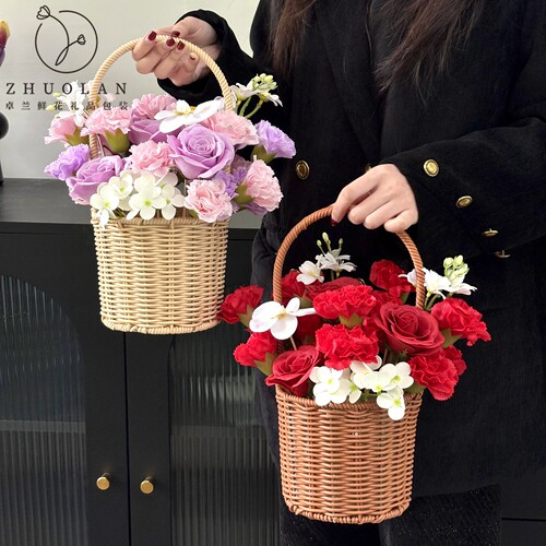 直筒藤编花篮康乃馨插花diy