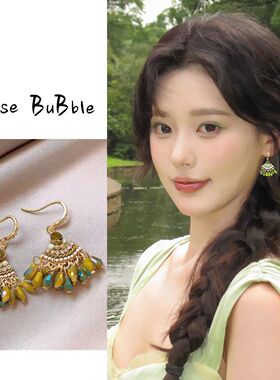 夏日绿色水滴扇形流苏耳环度假风设计感小众耳坠复古耳饰波西米亚