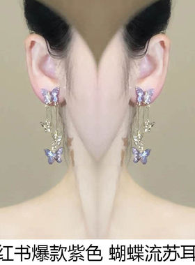 小红书同款梦幻紫色绝美薰衣草蝴蝶S925银针超适合秋冬ins风耳环