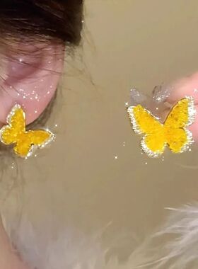 蝴蝶黄色设计耳环气质渐变花月新款轻奢高级精致耳饰小众耳钉耳夹