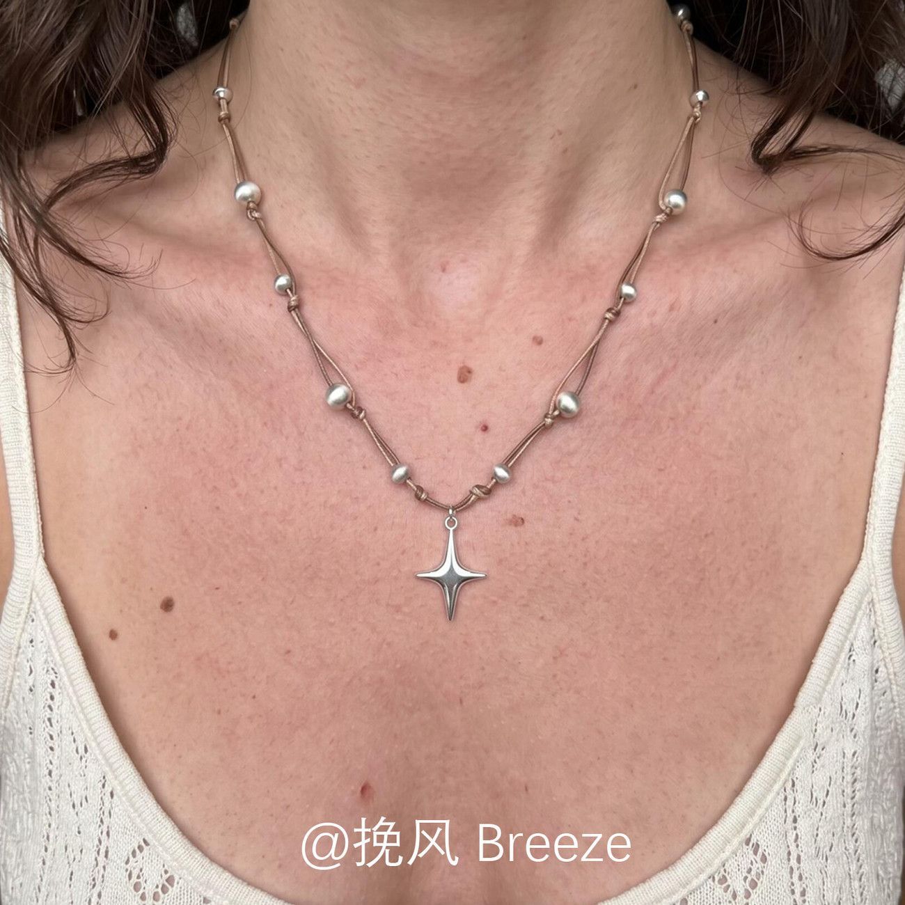 寄意欧美银色四芒星设计双层项链甜酷高级个性小众时尚串珠锁骨链