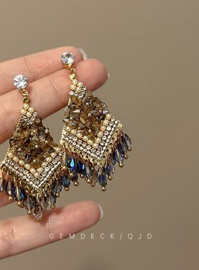 美拉德复古棕色流苏耳环波西米亚民族风小众设计感无耳洞耳夹耳饰