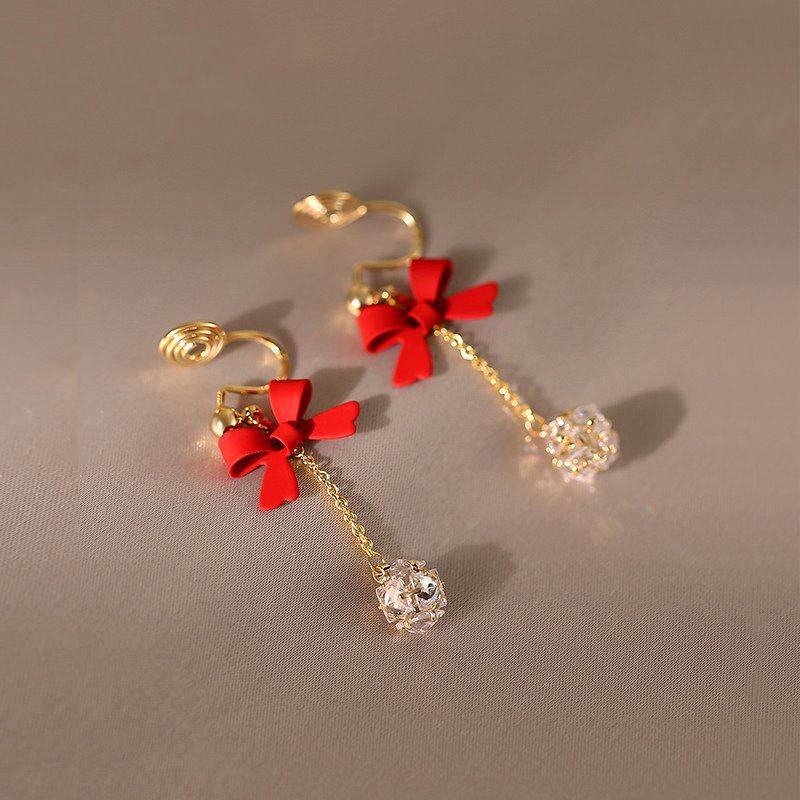 红色蝴蝶结流苏耳坠女轻奢高级感耳环气质名媛蚊香盘耳夹秋冬耳饰,饰品/流行首饰/时尚饰品新,耳夹,淘宝优惠券,粉丝福利购,淘宝优惠卷