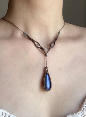 百搭清冷复古蓝色水滴吊坠女款项链气质精致毛衣高级锁骨颈链百搭