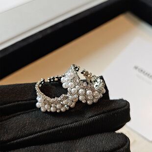 清冷感法式珍珠重工宽面戒指高级设计感韩系精致开口可调节食指戒