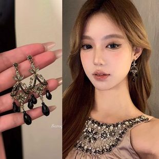 万圣节黑钻流苏耳环暗黑复古宫廷风耳饰配饰 蜜桃茶 华丽女主