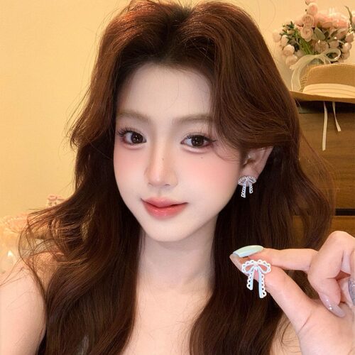 韩系甜美蓝色蕾丝蝴蝶结耳钉女轻奢高级感耳环独特漂亮耳夹耳饰