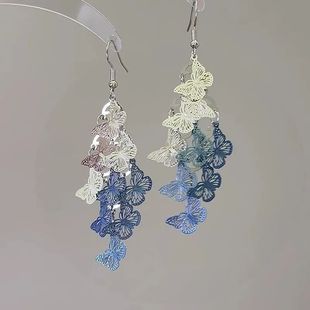 蓝白镂空蝴蝶流苏耳环韩系精致设计感艺术生绝美耳钩耳钉耳饰女
