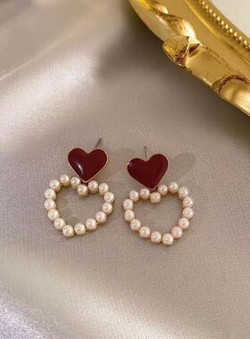 酒红复古港风女气质轻奢高级感耳环女2024年爆款耳饰通勤百搭耳钉