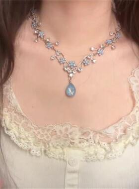 夏季清冷感蓝色花朵项链女款轻奢高级感漫天星甜美礼服锁骨链配饰