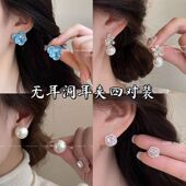 度假风蓝色油画花朵无耳洞耳夹女夏日新款 绝美气质耳环小清新耳饰