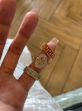 vintage叠戴华丽重工金色排钻戒指爆闪老钱风食指戒高级感贵气