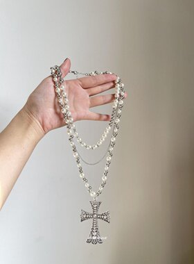 法式巴洛克双层撞色珍珠choker十字架项链女小众高级设计感毛衣链
