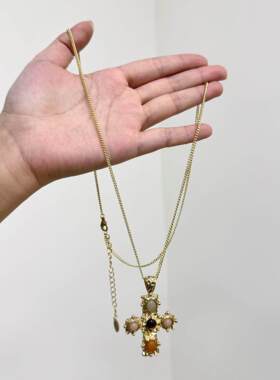 vintage中古金色十字架吊坠项链女轻奢高级感长款毛衣链小众配饰